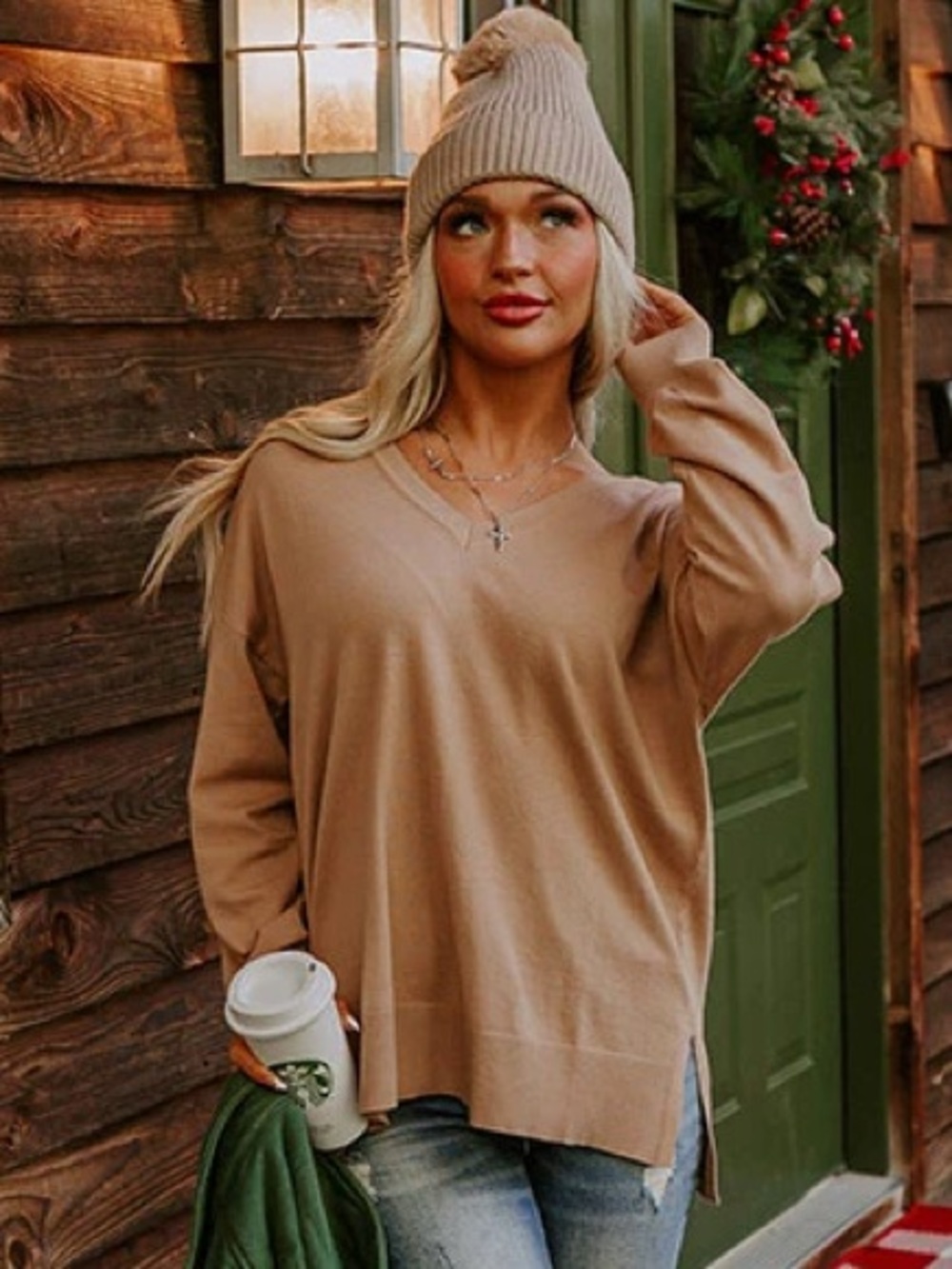 Camel Relaxed V-Neck Sweater